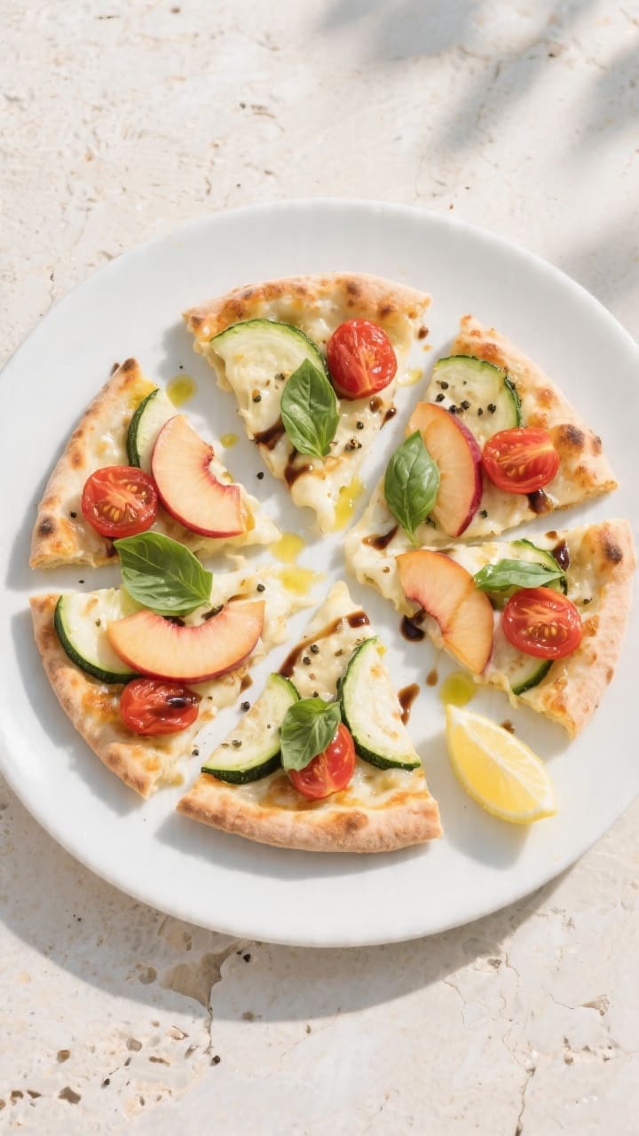 Final dish, tasty top view: Overhead shot of sliced mini flatbread pizza on a matte white plate, wed