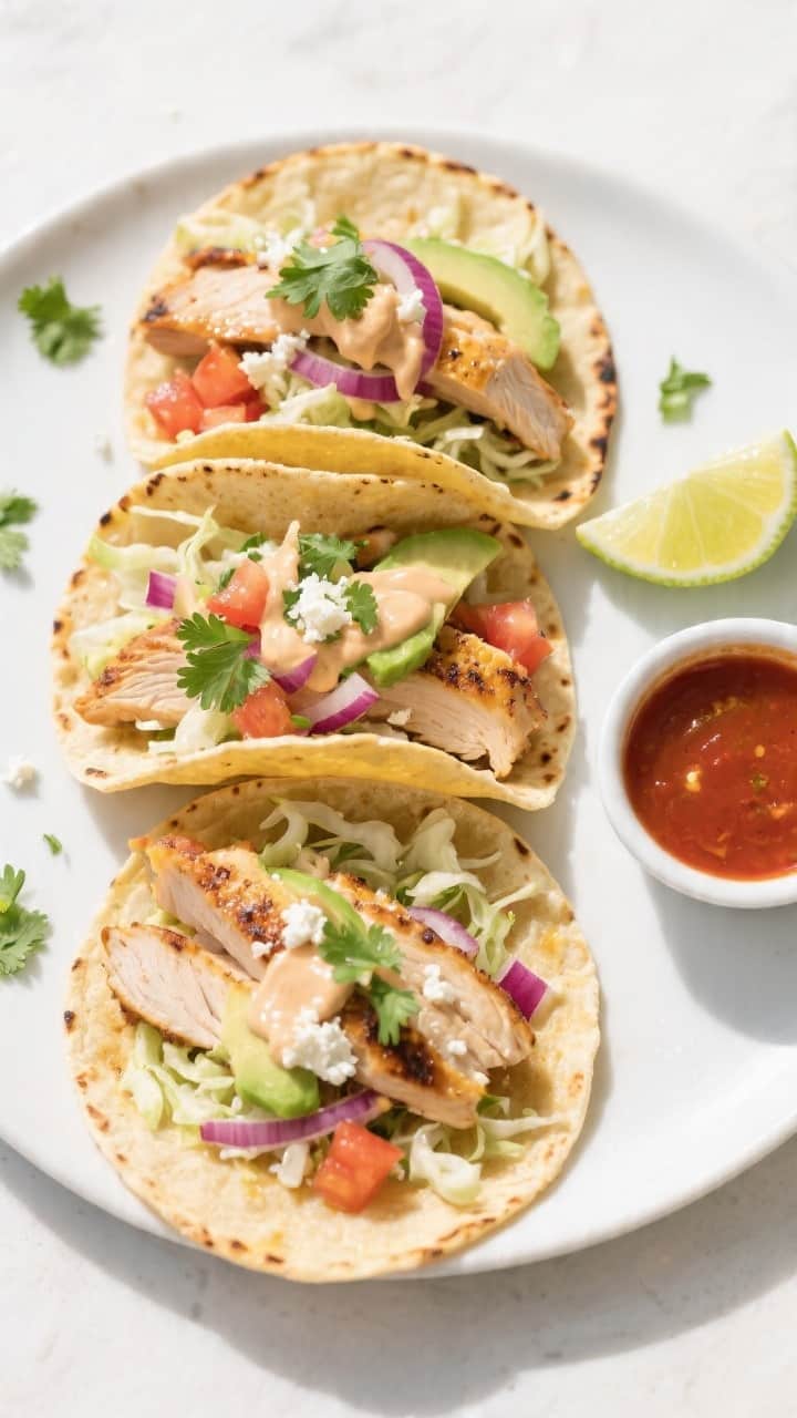 Final dish, tasty top view: Overhead shot of three assembled chicken tacos on a matte white plate—