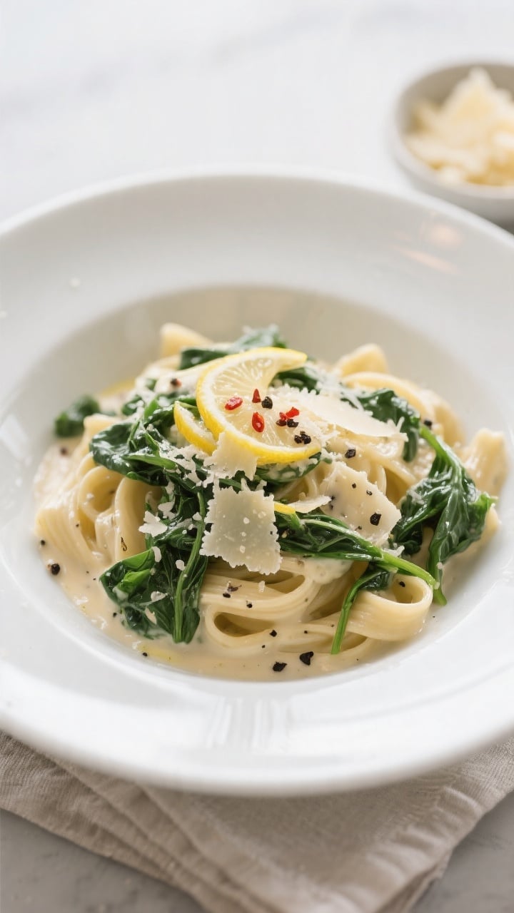 Final plated beauty shot: Creamy Spinach Pasta served in a wide, shallow white bowl, three-quarter a