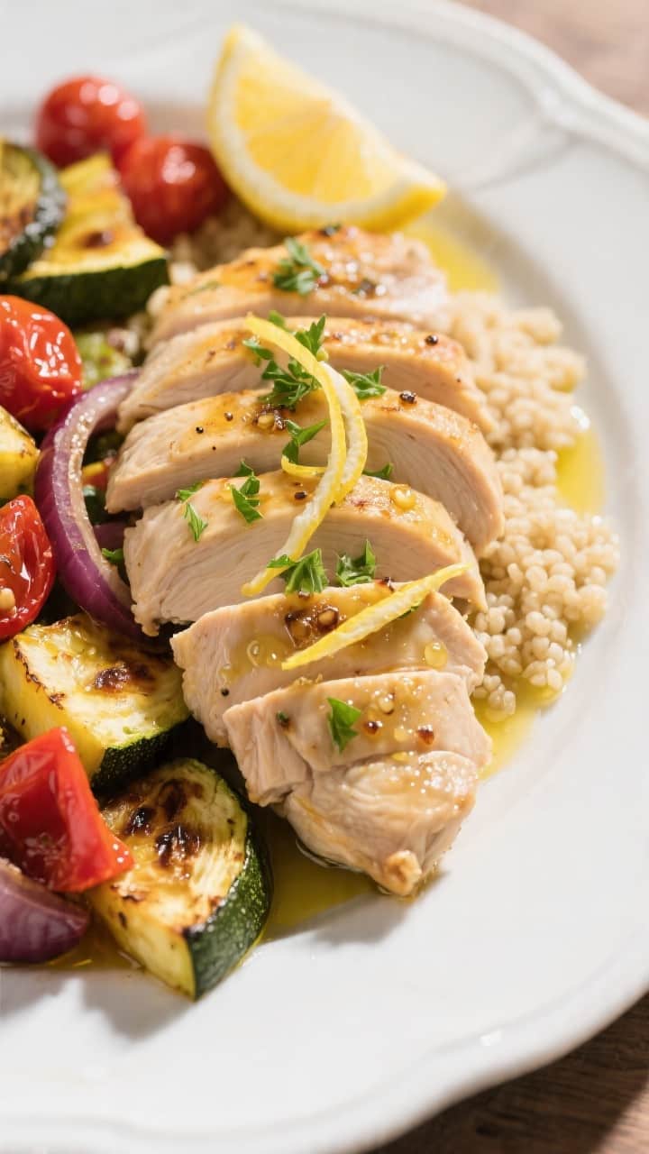 Final plated, close-up detail: Sliced lemon-garlic chicken fan-arranged over a bed of roasted zucchi