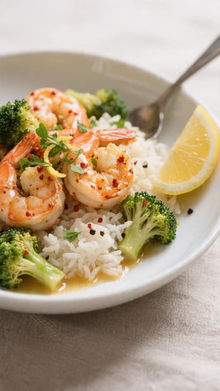 Final plated dish, close-up detail: One Pot Garlic Shrimp and Broccoli spooned over fluffy jasmine r