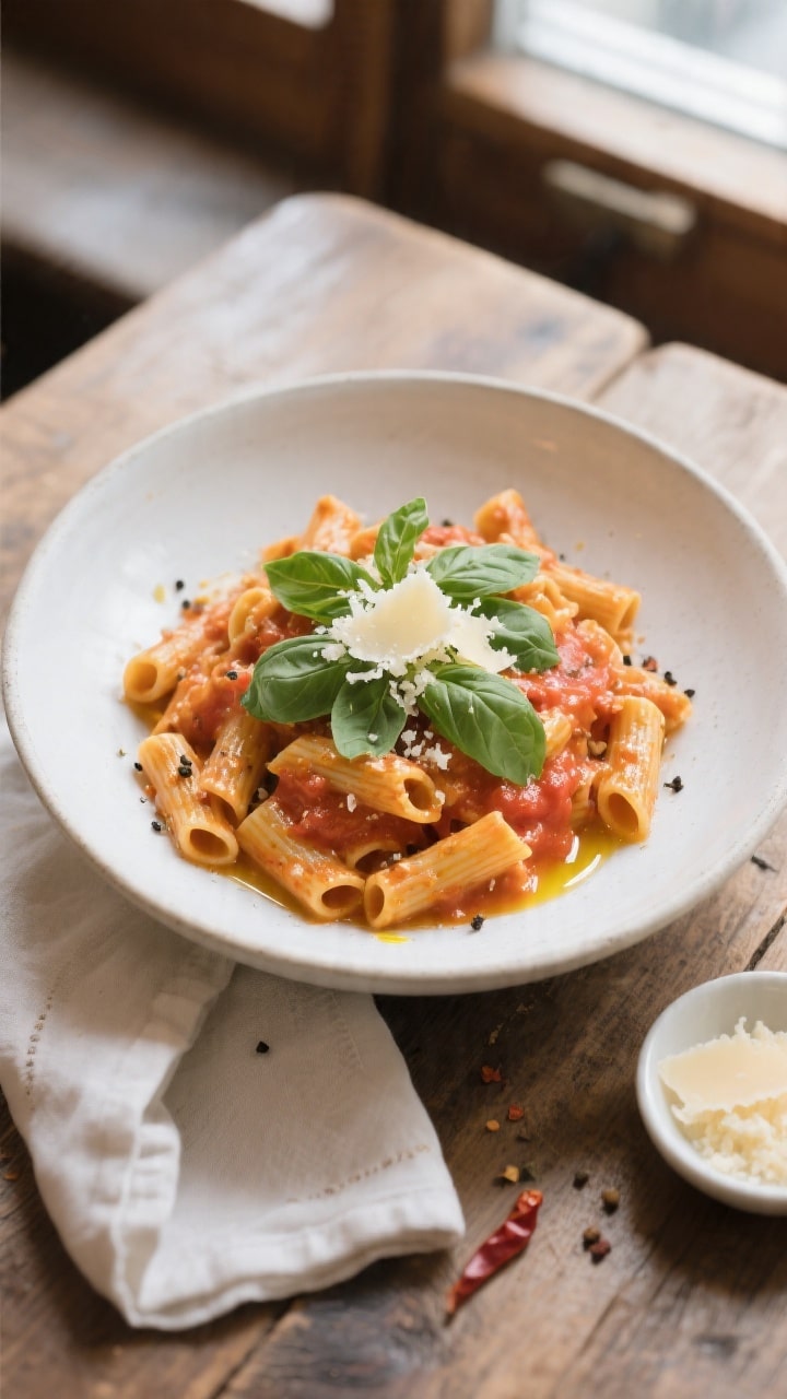 Final plated overhead: Beautifully plated One Pot Creamy Tomato Basil Pasta in a wide, matte white b