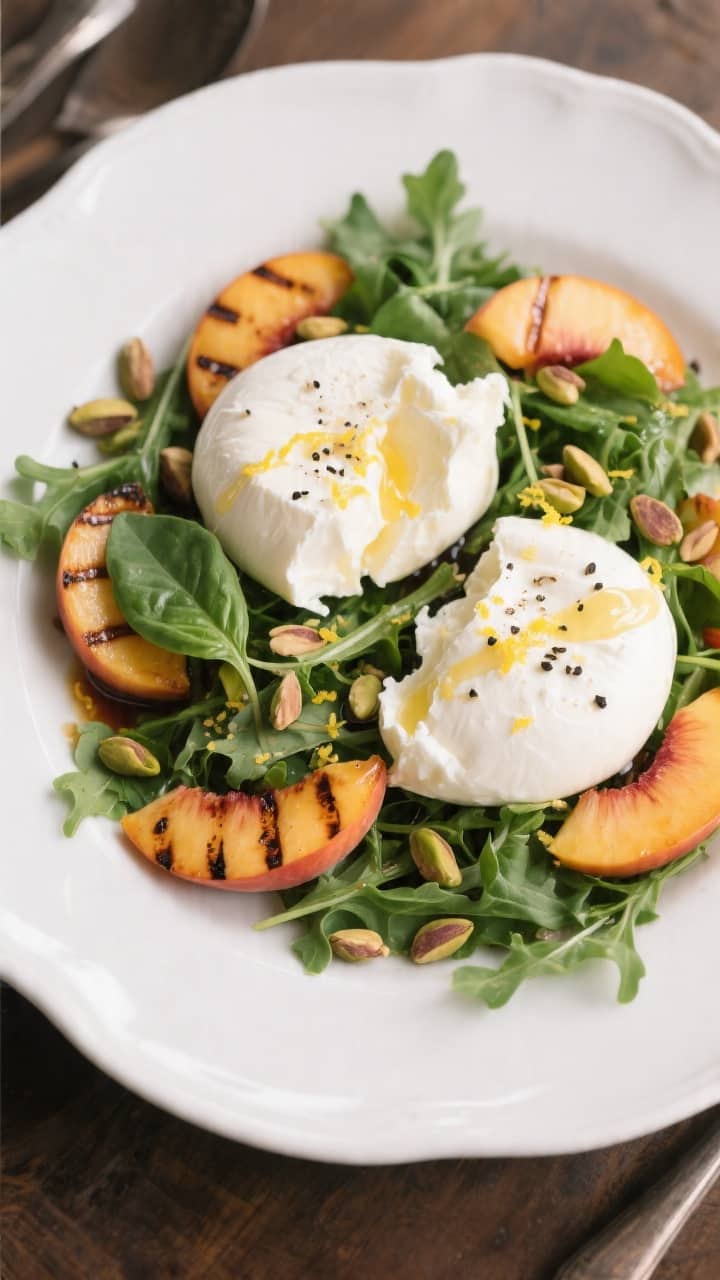 Final plated overhead: Grilled Peach & Burrata Salad for Two presented on a wide, white ceramic plat