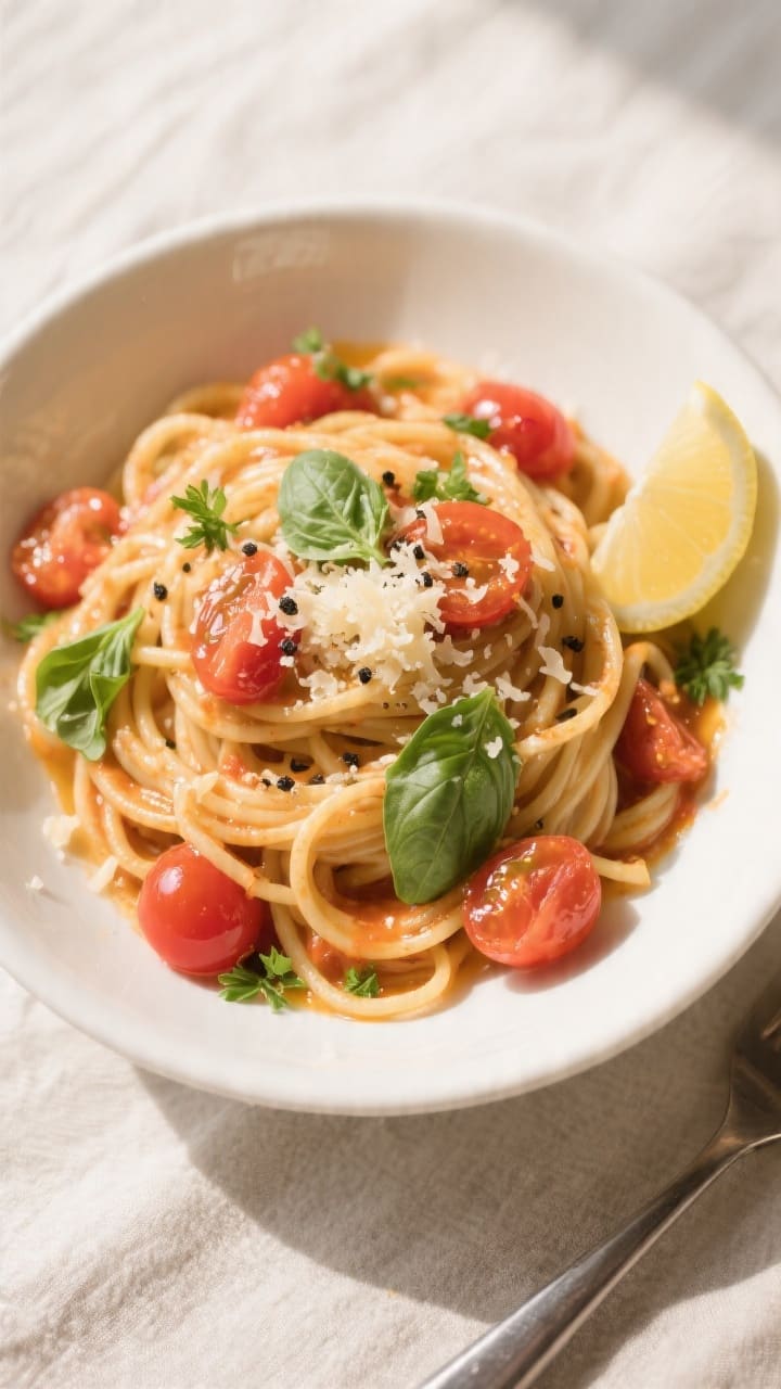 Final plated overhead: of twirled linguine coated in a glossy, light cherry tomato-basil sauce in a 