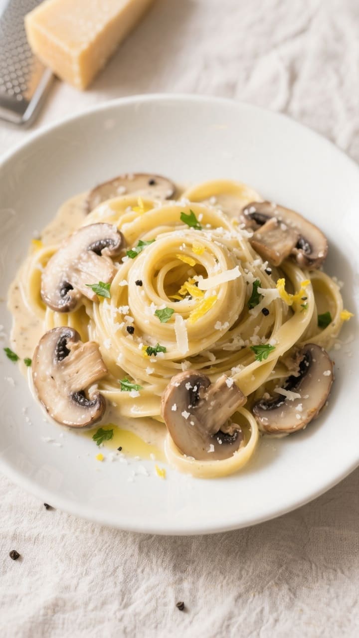 Final plated overhead: One Pot Creamy Mushroom Pasta twirled into tidy nests on a matte white shallo