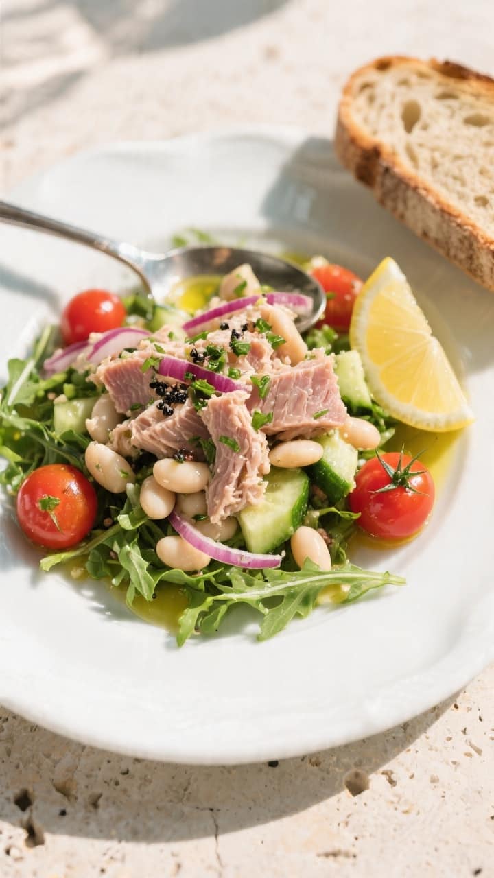 Final plated/overhead shot: Tasty of the finished Tuna & White Bean Summer Salad spooned over a smal