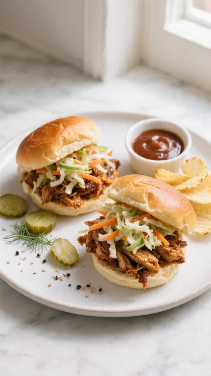 Final plated overhead: Two BBQ pulled chicken sliders on toasted brioche buns, piled high with crisp
