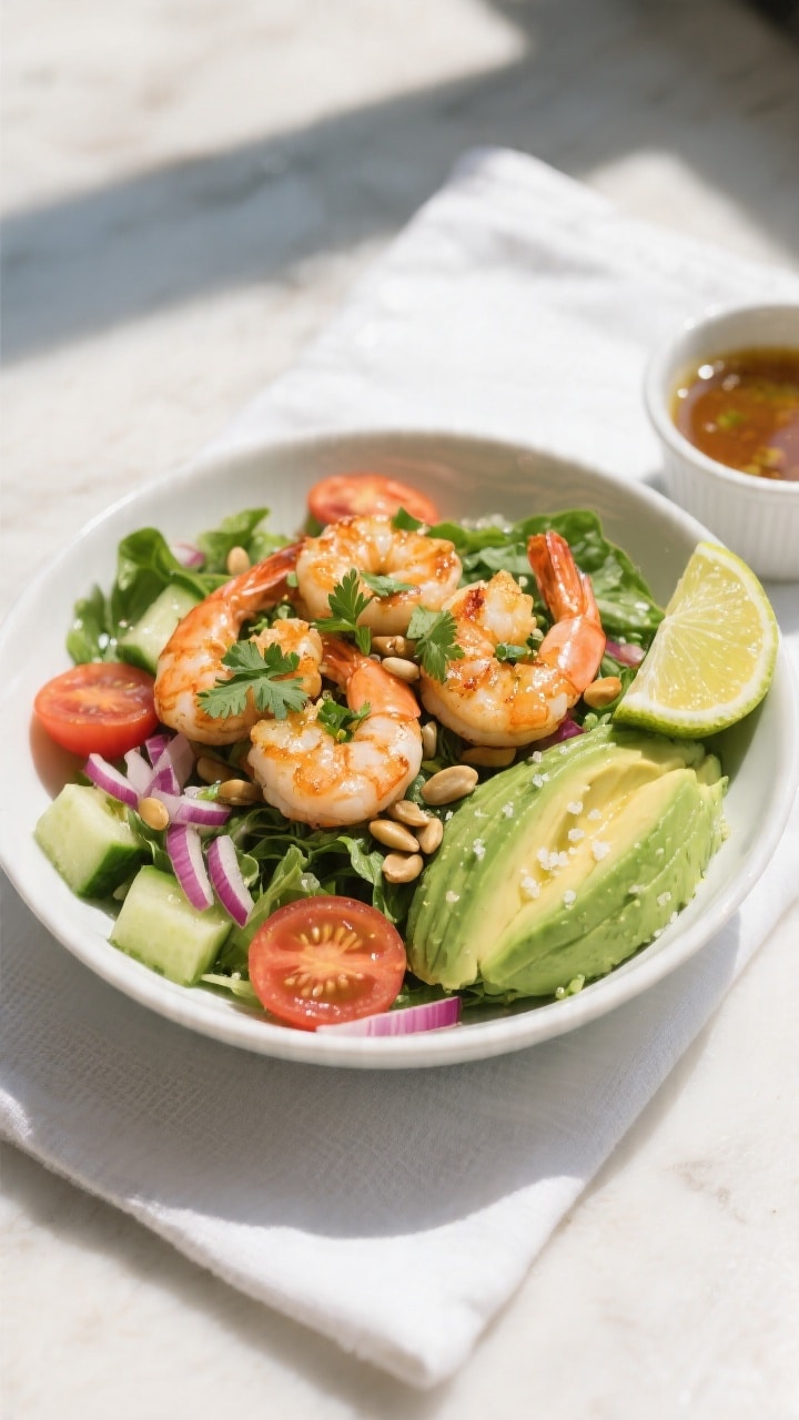 Final plated overhead: Zesty Shrimp & Avocado Salad Bowl, top-down shot of a single-serve white cera