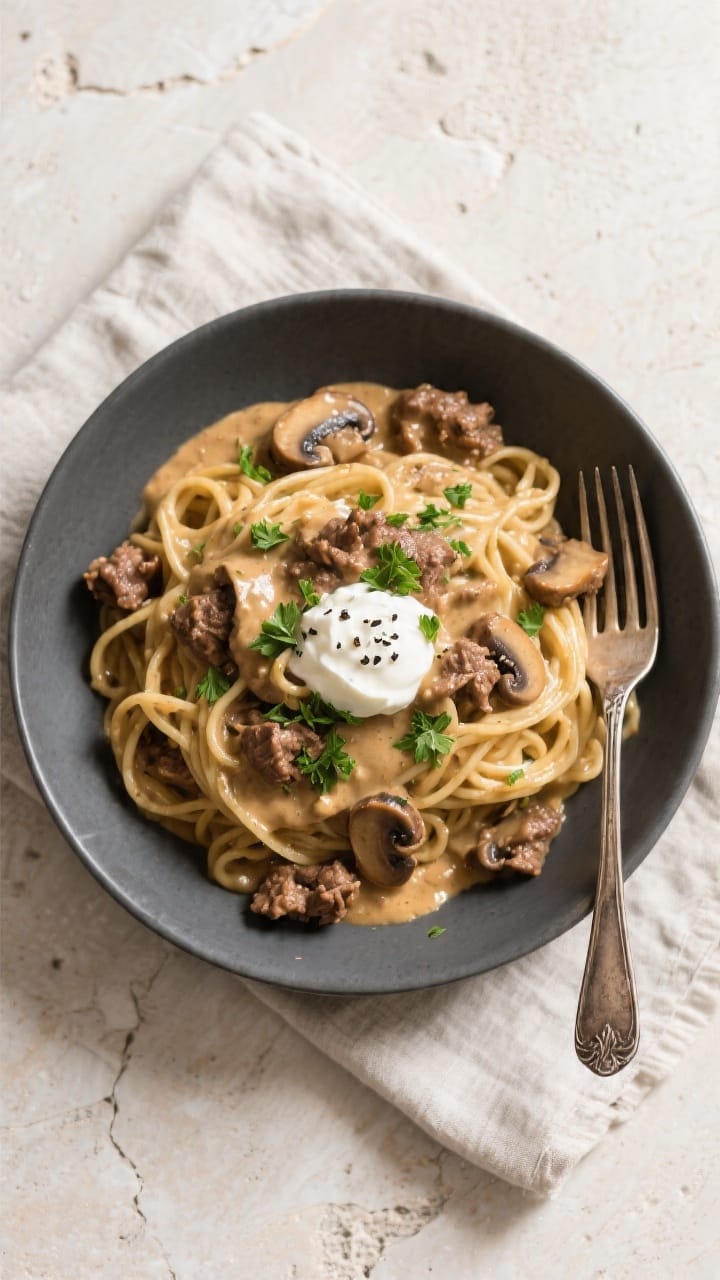 Final plated, tasty top view: Beautifully plated One Pot Ground Beef Stroganoff in a matte charcoal 