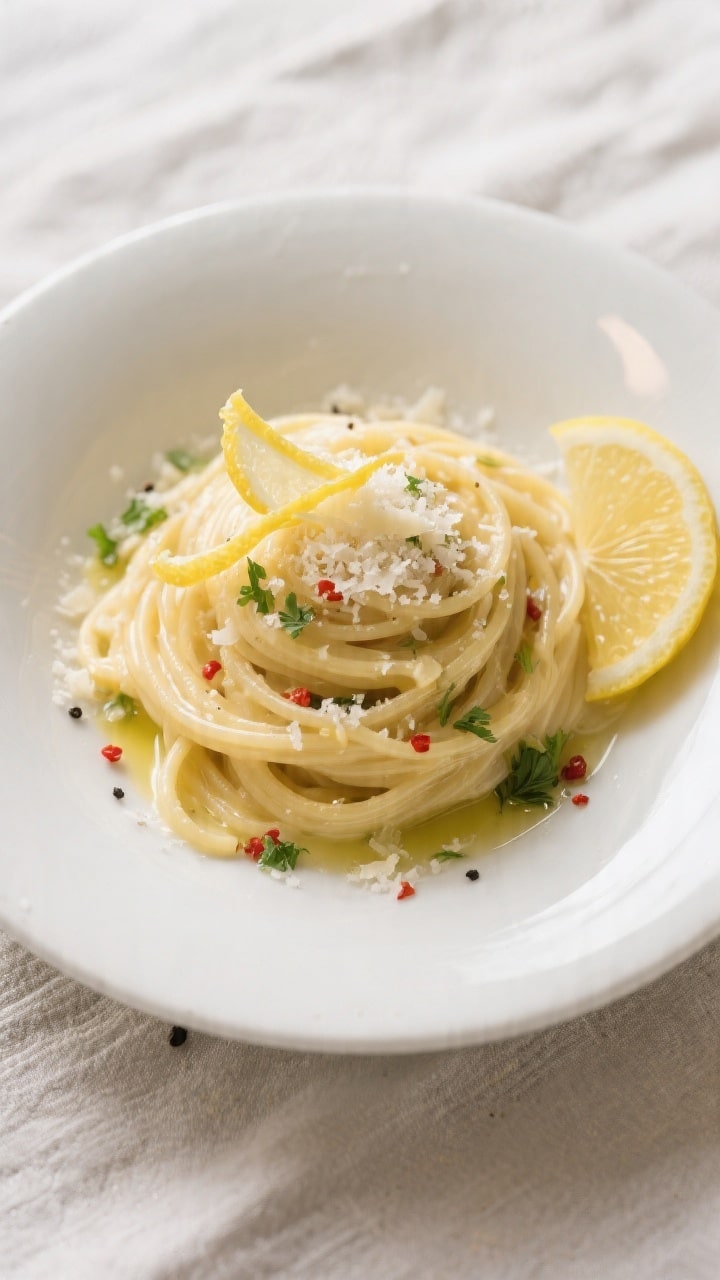Final plated, tasty top view: Overhead shot of Creamy Lemon Pasta for One twirled into a neat nest o