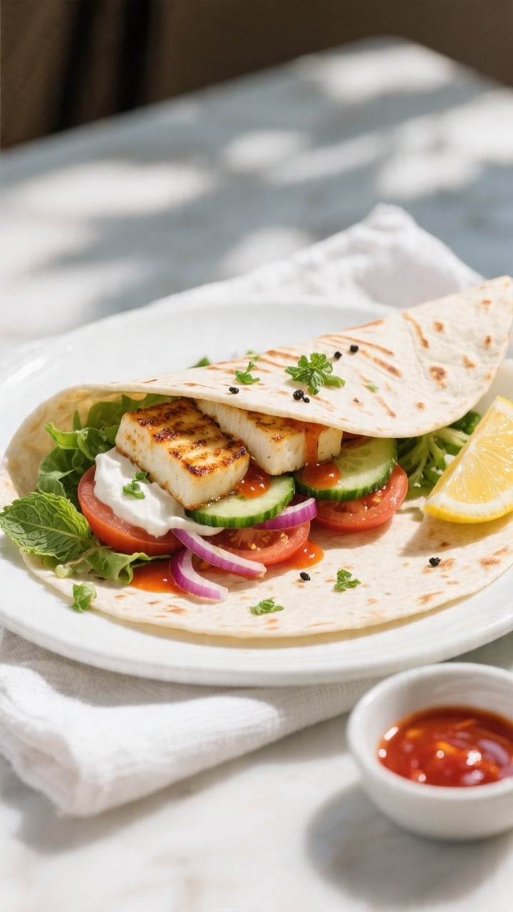 Final wrap presentation, overhead: Halloumi wrap sliced on the bias and slightly fanned open on a wh