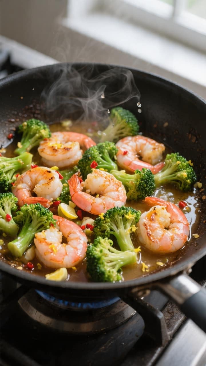 Overhead cooking-process shot of garlic butter shrimp and broccoli coming together in one pan: seare