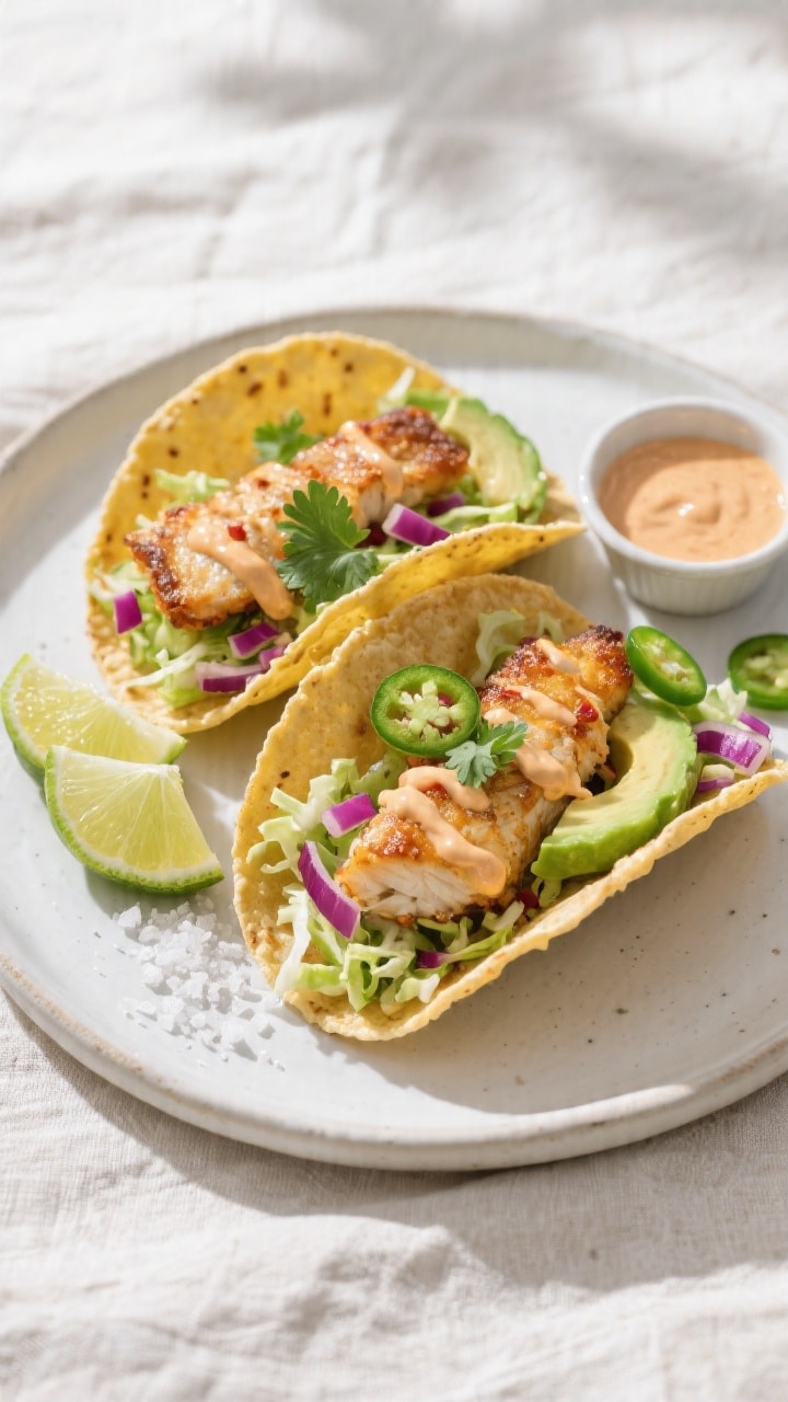 Overhead final presentation: Two assembled air fryer fish tacos on a small matte white plate, warm c