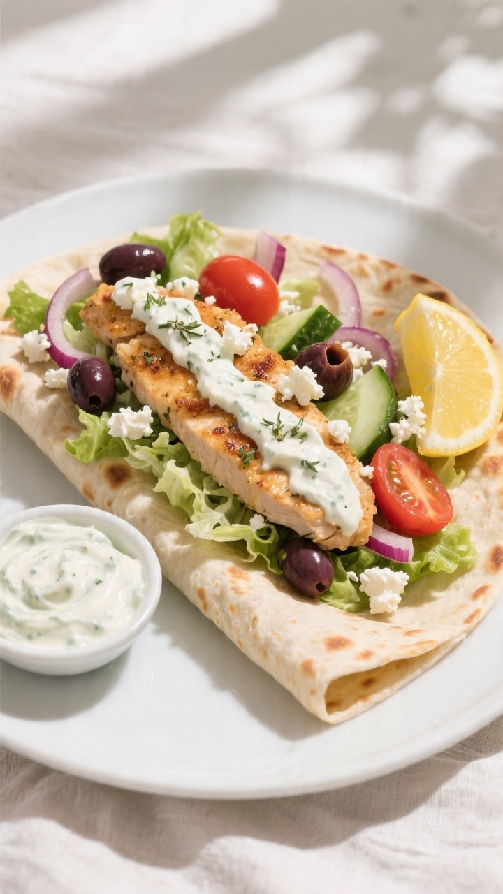 Overhead shot of a freshly assembled Greek chicken wrap on a warm, lightly toasted flatbread, tzatzi