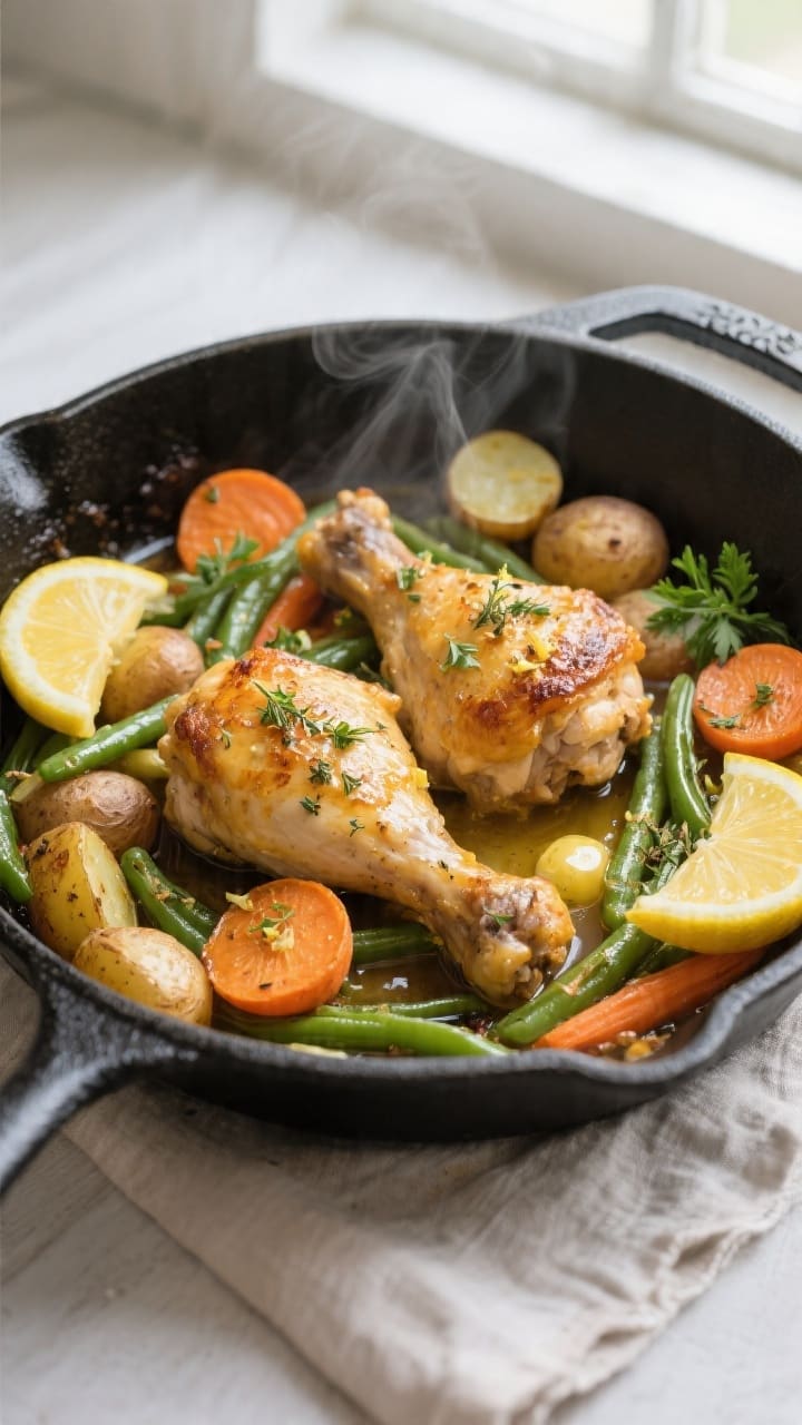 Overhead shot of a one-pot lemon chicken and veggies just out of the oven: golden, crispy-skinned bo