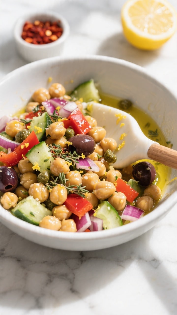 Overhead shot of a small-batch Mediterranean chickpea salad just after tossing with dressing in a ma