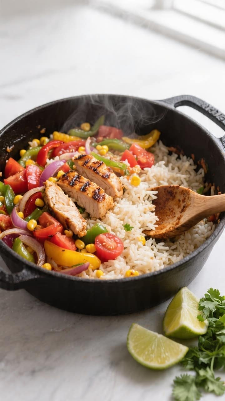 Overhead shot of One Pot Chicken Fajita Rice just after the simmer, still in a matte black Dutch ove