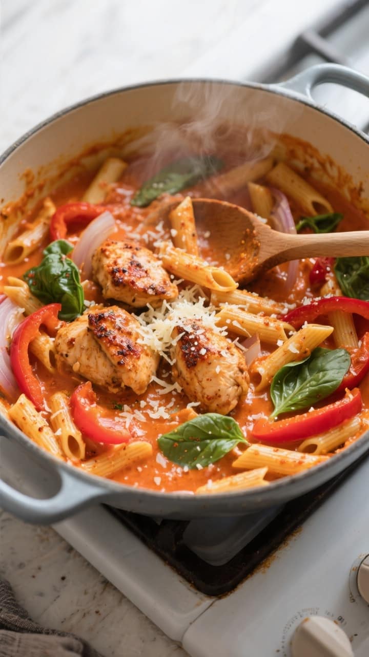 Overhead shot of one-pot creamy Cajun chicken pasta simmering in a wide Dutch oven: al dente penne n