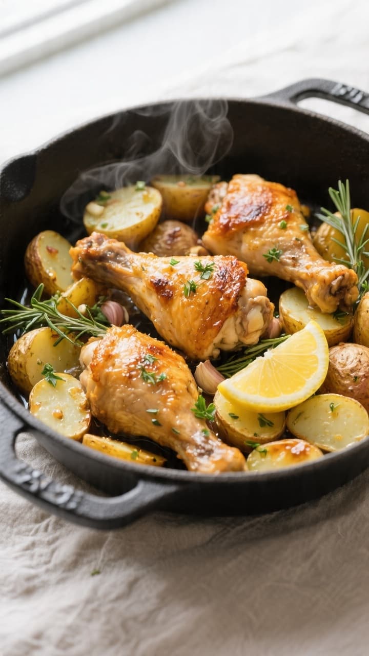 Overhead shot of One Pot Lemon Herb Chicken and Potatoes just out of the oven in a black enamel Dutc