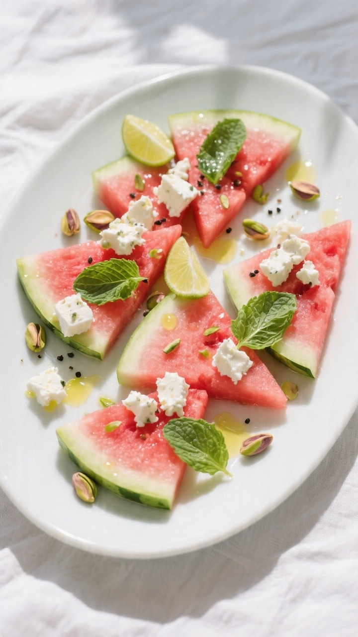 Overhead shot of the assembled Watermelon, Feta & Mint Plate for two on a wide white ceramic platter