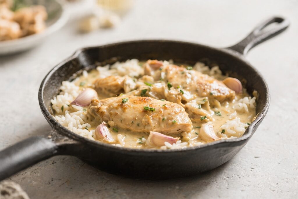 One Pot Creamy Garlic Chicken and Rice