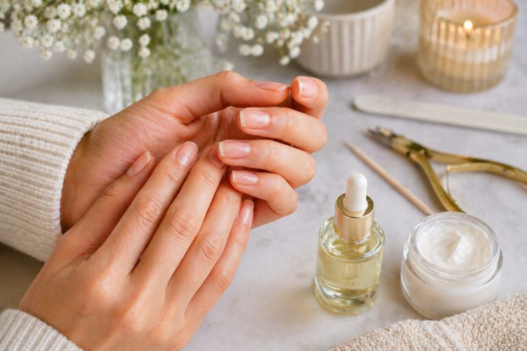 Hands with manicured nails and products