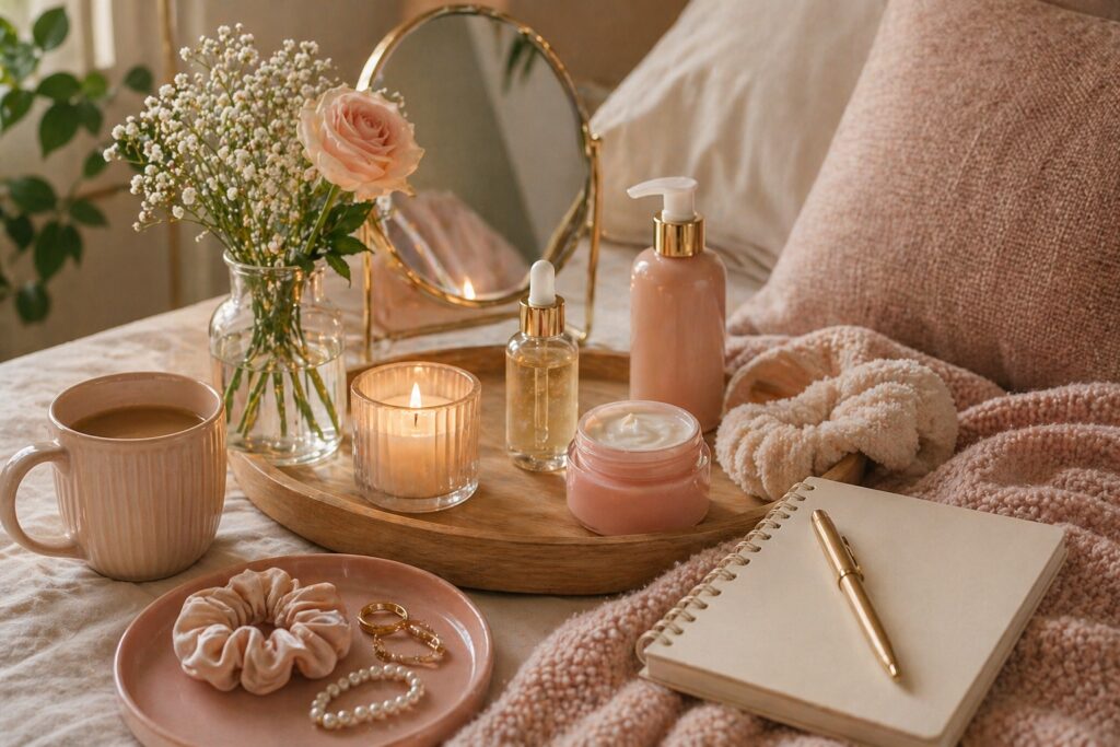 Relaxing self-care setup on bed