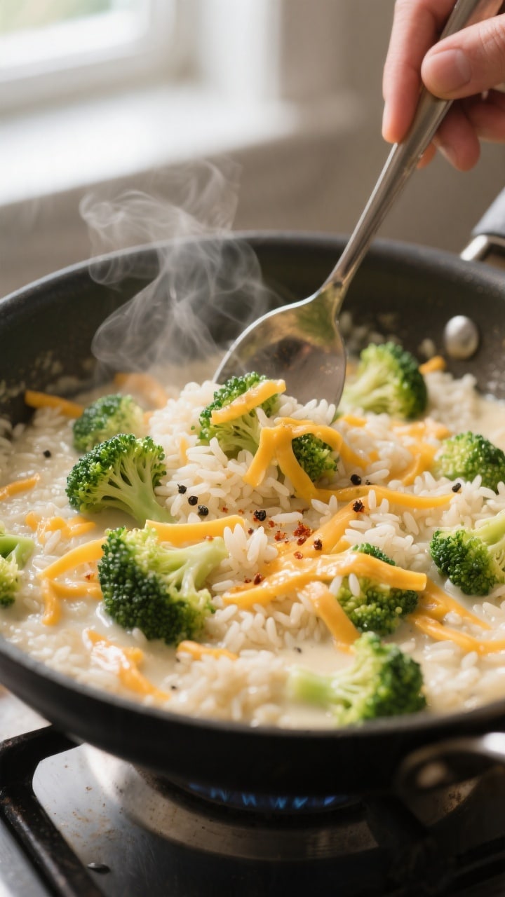 Cooking process close-up: A wide, heavy-bottomed skillet on low heat with steam gently lifting as gl