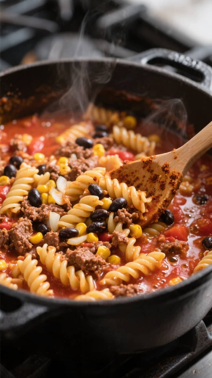 Cooking process, close-up detail: In-pot shot of One Pot Cheesy Taco Pasta mid-simmer in a deep matt