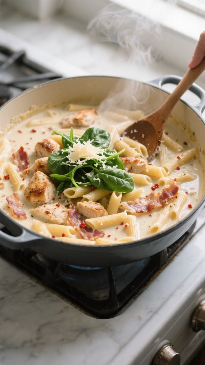 Cooking process, overhead action shot: One-pot creamy chicken and bacon pasta simmering in a wide Du