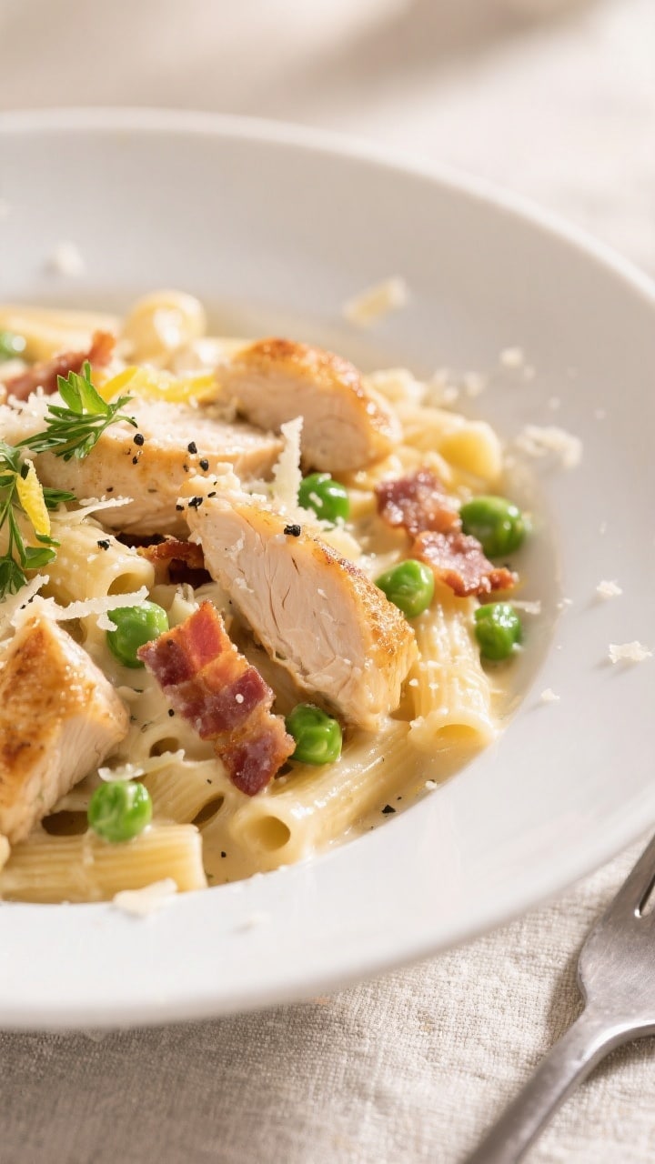 Final plated close-up: Beautifully plated One Pot Creamy Chicken and Bacon Pasta in a shallow white 