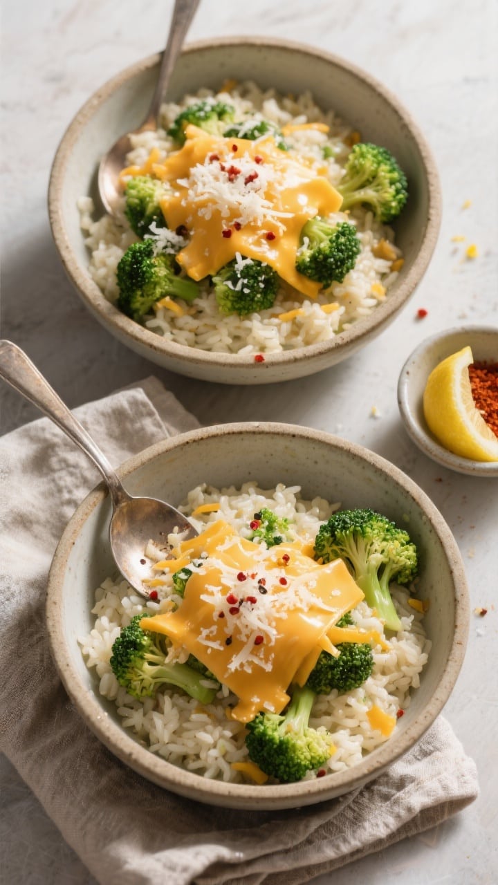 Final plated overhead: Top-down shot of One Pot Cheesy Broccoli Rice spooned into two rustic shallow