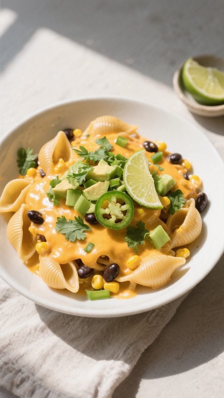 Final plated, tasty top view: Overhead shot of the finished Cheesy Taco Pasta, ultra-creamy and clin